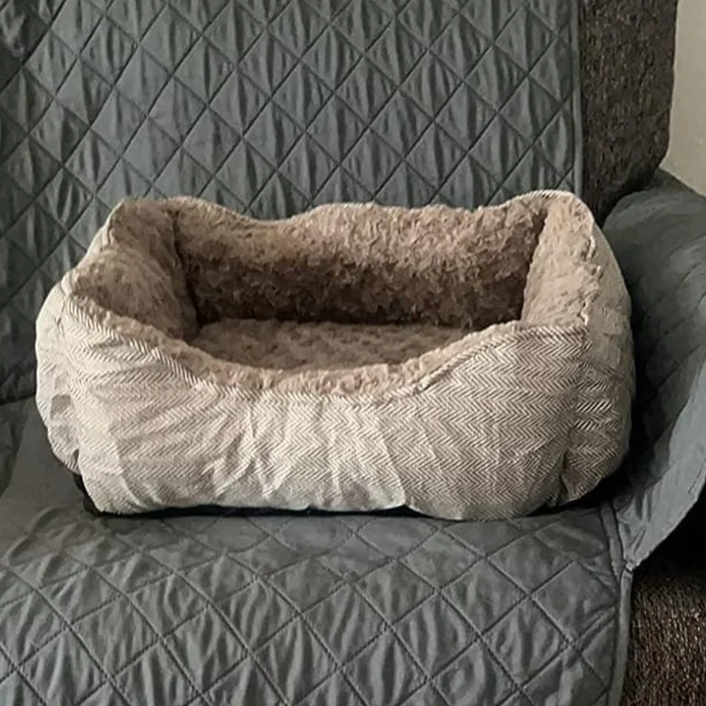 Dog 30'' Grey Wood Linen Soft Washable Rectangle Anti-Slip Bottom Sleeping Bed